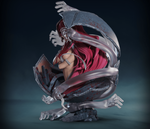 Detailed figurine of a character with red hair and armor on a dark background