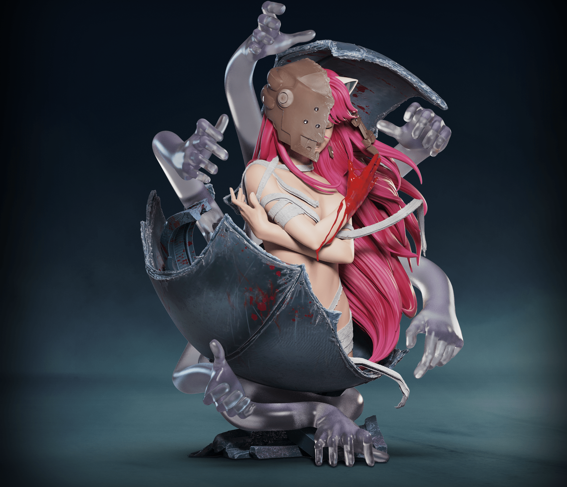  Elfen Lied- Lucy Elite Bust- Anime Figure- Figurama collectors-Statue of a character with pink hair and a mask, holding a scythe, on a dark background.