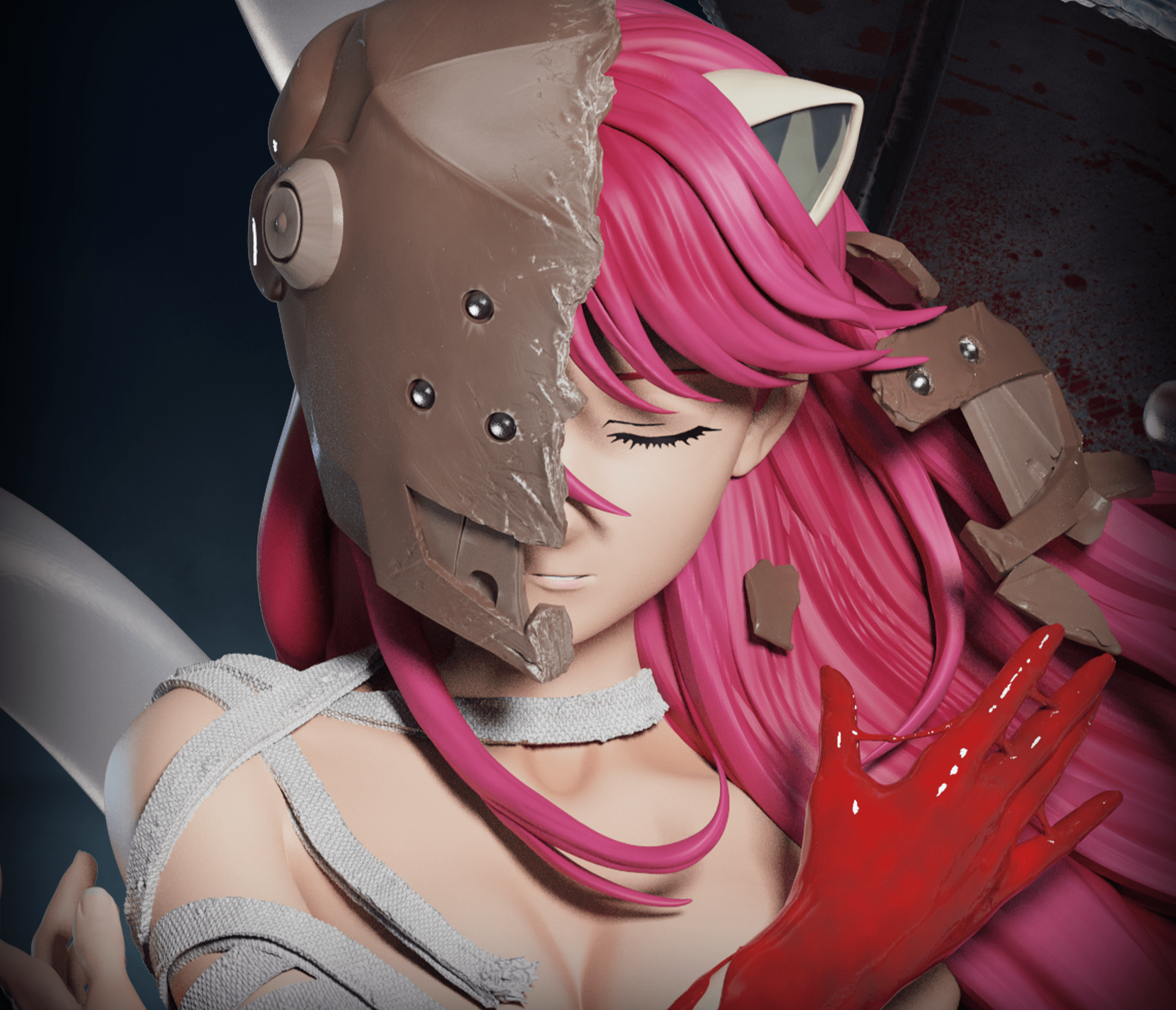  Elfen Lied- Lucy Elite Bust- Anime Figure- Figurama collectors. Figurine with pink hair and red gloves, wearing a helmet, against a dark background.