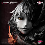 Claymore Teresa vs Priscilla statue base details. Detailed figurine with white hair and yellow eyes, surrounded by dark elements and flames, featuring FIGURAMA branding.