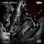 Stylized figure with a sword and arrow, surrounded by dark rocks, with 'Figurama' branding. Claymore Teresa vs Priscilla statue base details