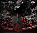 Decorative with intricate designs and a sword on a dark background, featuring Claymore Teresa vs Priscilla statue base details. by Figurama Collectors