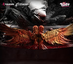 Statue of two winged figures with a dark background, featuring logos and text. Claymore Teresa vs Priscilla statue base details. By Figurama Collectors