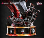 Detailed figurine with dynamic pose and blood effects on a dark background, featuring the brand 'FIGURAMA'. Tokyo Ghoul Kaneki vs Yamori statue base detail