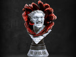 Bust sculpture with red and gray design on a dark background, featuring the brand 'FIGURAMA'. Bust of Yamori for replaceable pose for Tokyo Ghoul: Kaneki VS Yamori 10th anniversary edition statue