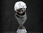 Bust sculpture with red and gray design on a dark background, featuring the brand 'FIGURAMA'. Bust of Kaneki for replaceable pose for Tokyo Ghoul: Kaneki VS Yamori 10th anniversary edition statue